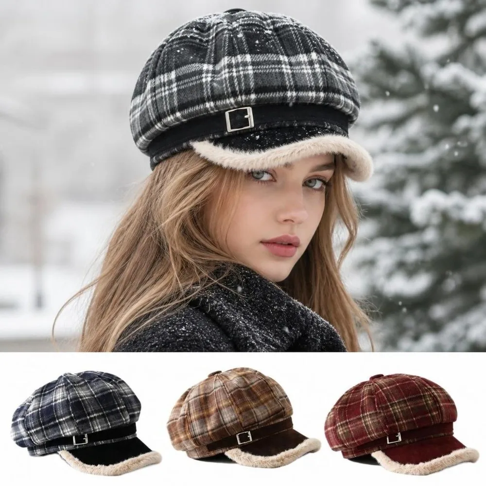 Fashion Faux Fur Lined Newsboy Cap Warm Lining Adjustable Octagonal Hat Plaid Pattern Peaked Cap Winter