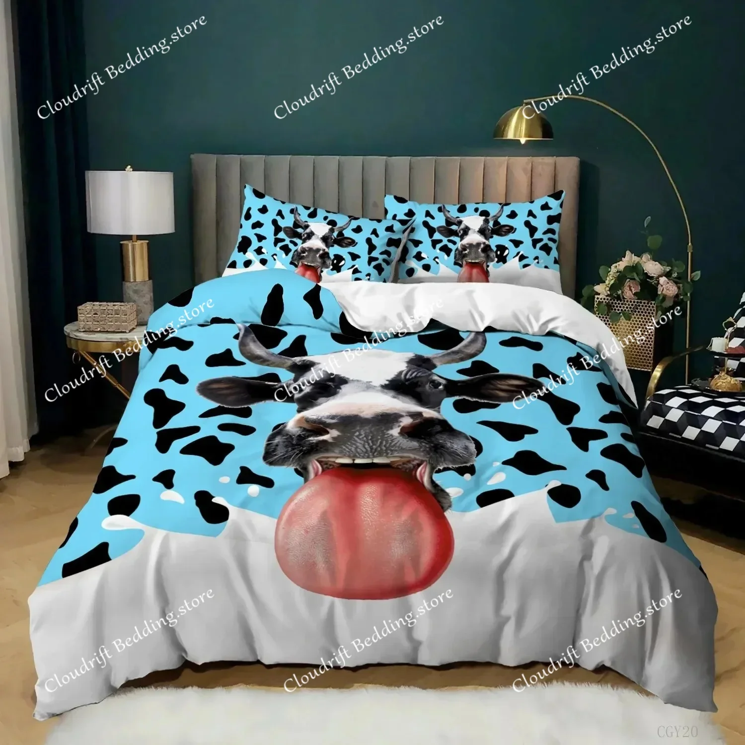 

3D Cows Duvet Cover Set Animals Black White Milk Cows King Queen Size Polyester Comforter Cover for Boys Girls Kids Bedding Set