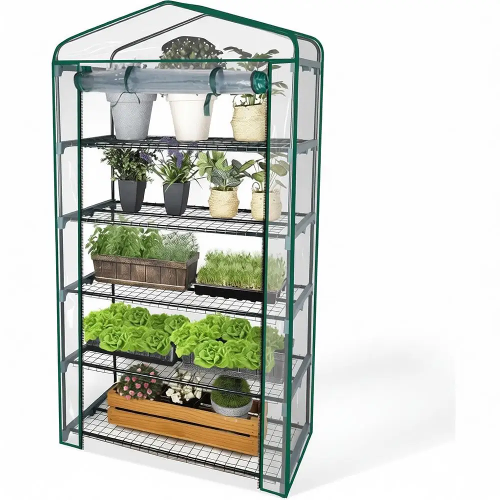 

Mini Greenhouse, Plastic Cover, Portable, 5 Tier, Plant Shelves, Outdoor Backyard, Winter Warmer, Green, 19x40x75.