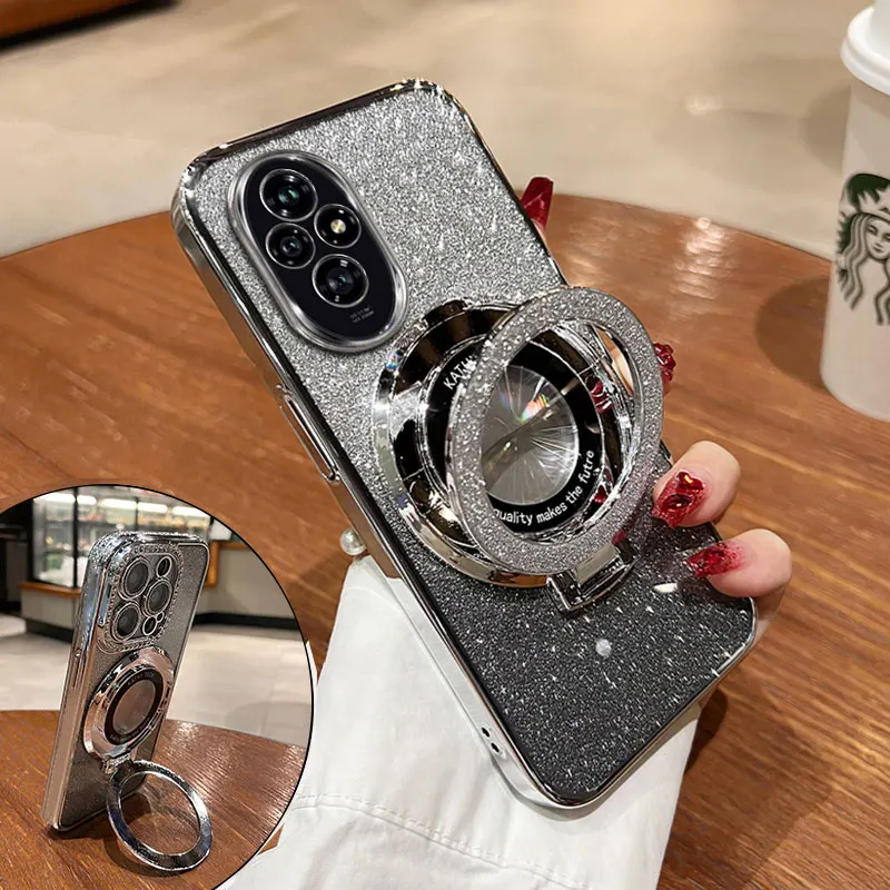 HONOR200 Case With Ring Magnetic Bracket,Luxury Glitter Cover For HONOR 200 LITE MATE 60 PRO NOVA 11I 12 SE Case Luxury Holder