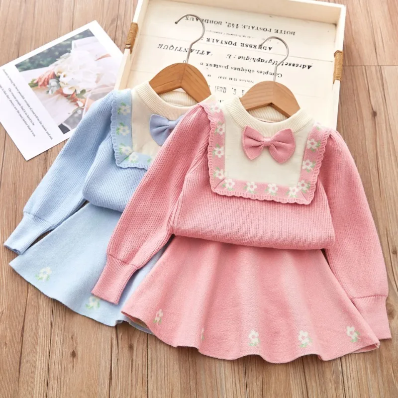 Girls Suits Long Sleeve Kids Sweaters Bow Kids Wear Knitted Pullover Top Skirt Clothing Suit for Children Baby Girl Sets 2-6Yrs