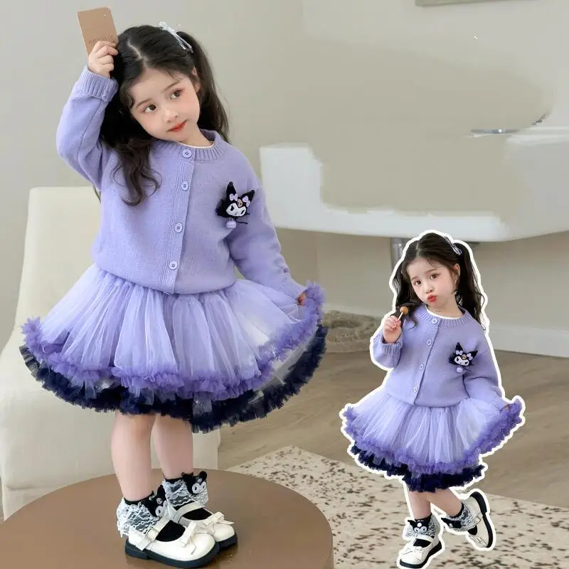 

Sanrio Girl Dress Kuromi Kawaii Anime Fashion Child Autumn Knitted Sweater Puff Skirt 2-Piece Set Children's Clothing New Style