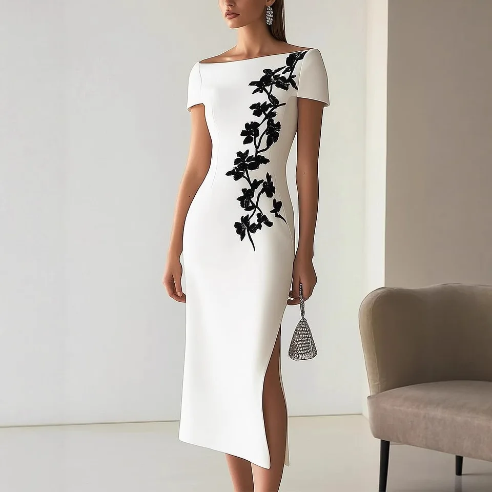 

New Women's One Shoulder Dress Short Sleeve Zipper White Elegant Fashion Floral Print Simple Side Slit Office Party Dress