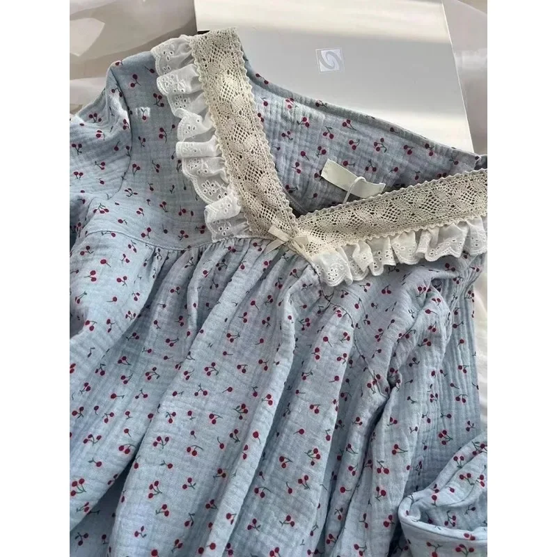 Pijamas florales de cereza Ins de Corea del Sur para mujer Primavera y otoño Manga larga Cómodo Talla grande Se puede usar fuera del estudiante H...