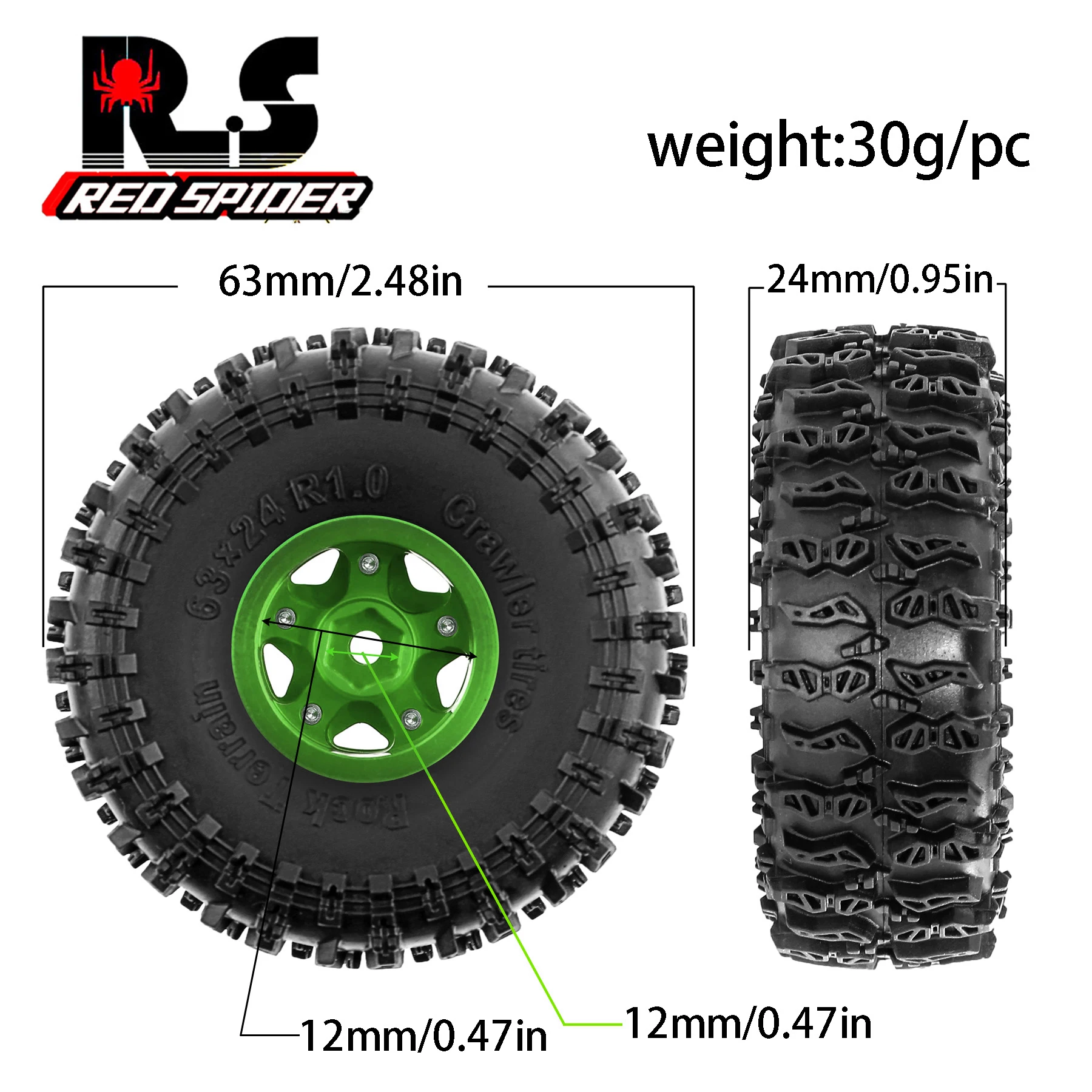 4 pezzi 63mm metallo 1.3 "Beadlock cerchione set di pneumatici in gomma per 1/18 1/24 RC Crawler Axial SCX24 AX24 TRX4M FCX24 parti di aggiornamento