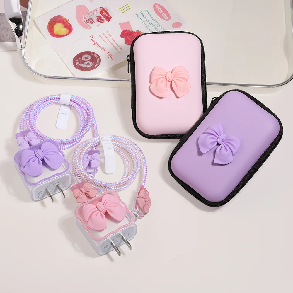 Korea Cute 3D Love Heart+EVA Storage Bag Set Charger Cover For IPhone 16 15 14 13 12 11 18W-20W Charge Correa Protection Sleeve