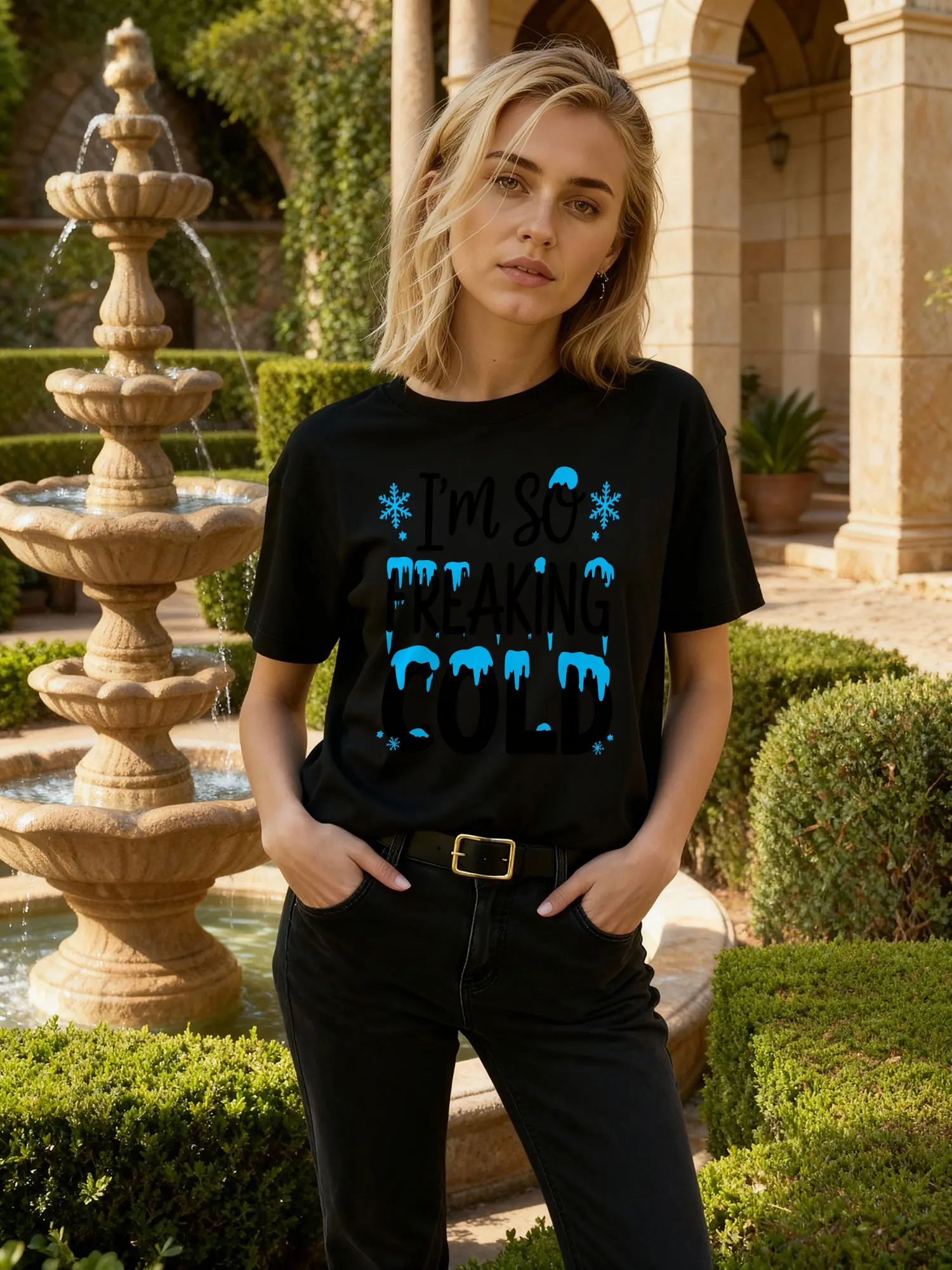 Women's Black t Shirt I'M so Freaking Cold Snowflake Ice Drip Print Casual Winter Outfit for Everyday Wear and Holiday Season