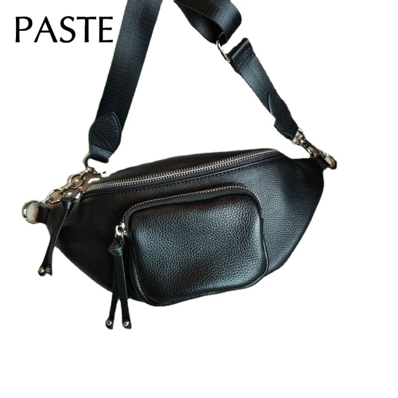 New Light Blue Beige Bumbag for Street Snack Owner Natural Cowhide Leather Women Single Shoulder Bag Female Waist Purse