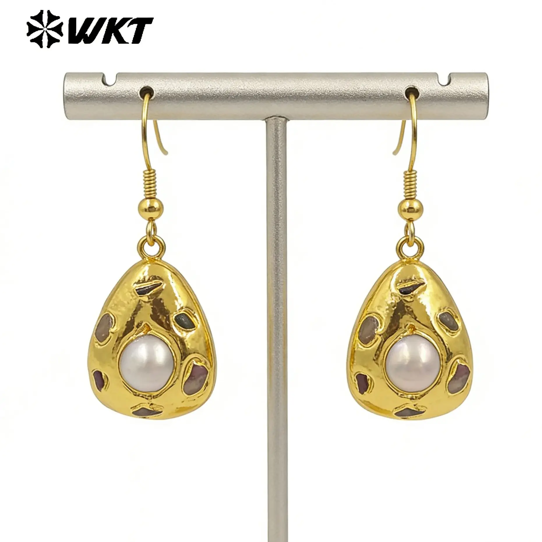 WT-MPE165 Colored Tourmaline&Shell Paved Water Drop Shape Brass Push Back Big Earring For Cocktail Party Accessory