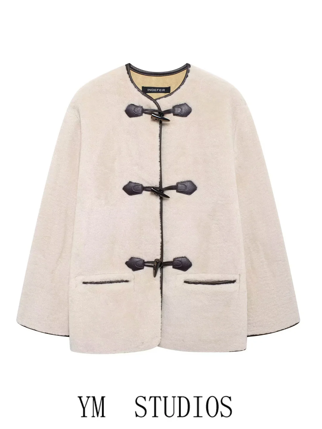 

Women's ort Plu Jaet Loose Fit Warmth round Ne Long Sve Faux Fur Effect Coat Decorative Button Knot Design