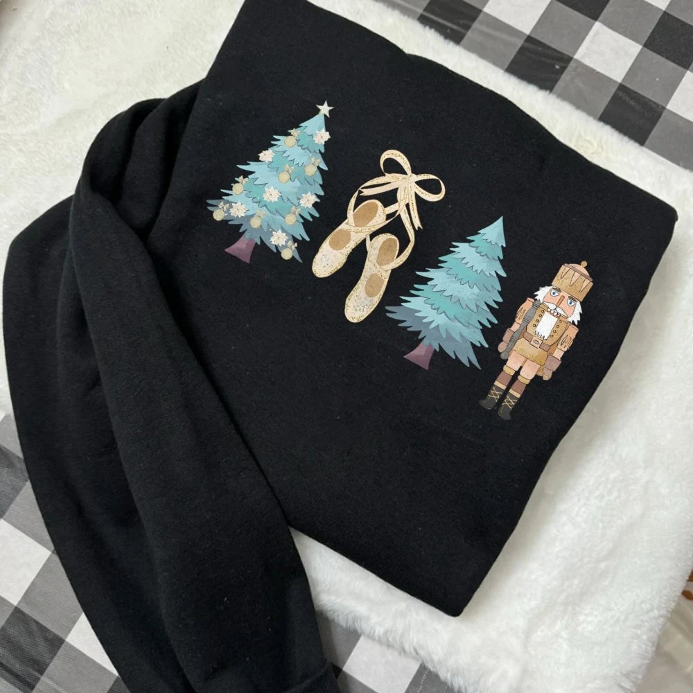 Christmas Nutcracker Print Sweatshirt Casual Long Sleeve Sweater For Autumn & Winter Xmas Funny Shirt Kawaii Holiday Season Gift