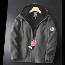 Winter Warm Men's Fleece Jacket Hooded Pockets Solid Color Casual Norway Polar Jacket Cold-Proof Overcoat Plus Size Outwear