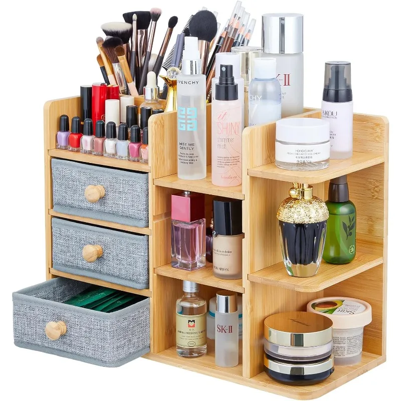 Makeup Organizer Countertop, Cosmetic Skincare Organizers With 3 Makeup Brush Holders/3 Drawers/7 Storage Shelves, Elegant