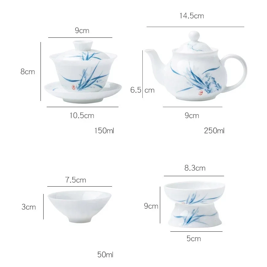 Blue and White Porcelain Kung Fu Tea Set Hand-painted Orchid Ceramic Teapot Cover Bowl Puer Dou Li Teacup White Porcelain Gift