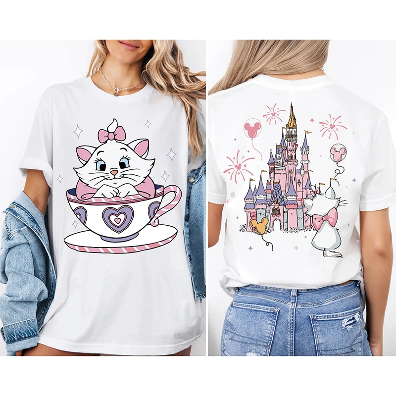 2025 ฤดูร้อนใหม่ Aristocats การ์ตูนอะนิเมะพิมพ์เสื้อยืดผู้หญิงแฟชั่น Casual เสื้อยืด Mary Cat Crazy Teacup Party เสื้อ