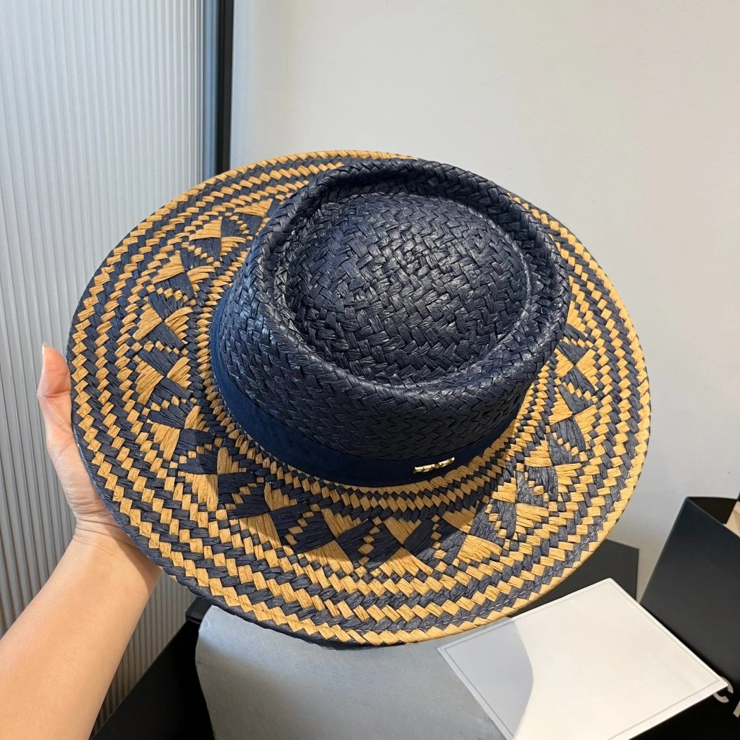 

High-end Handmade Straw Hat for Women'S New Style Old Money Style Hat Seaside Holiday Hollow Woven Flat Top Sun Hat Luxury Gift