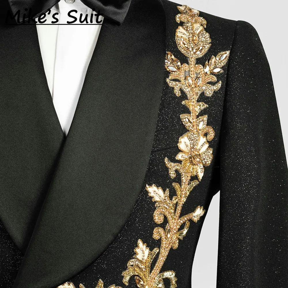 Black Crystal Men 2 Pieces Sets Suits Jacket And Pants Gold Sequined Appliques Customized Groom Party Tuxedos