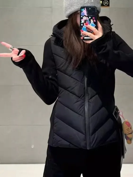 

Autumn Winter Women's Long Sve Stand Collar Patchwork Hooded Cotton Jaet Coat Comfortable Loose Fit Zipper Closure ...