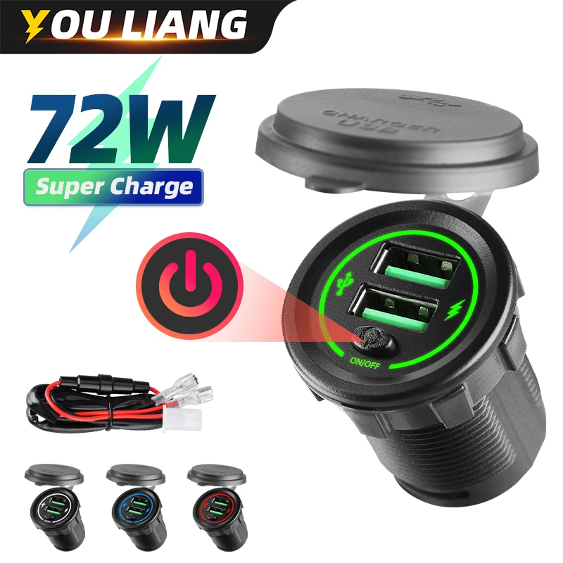 

12-24v USB Outlet 72W Car Charger Socket QC 3.0 Led light with ON Off Switch Fast Car Charger Waterproof for Car, Boat, Marine,