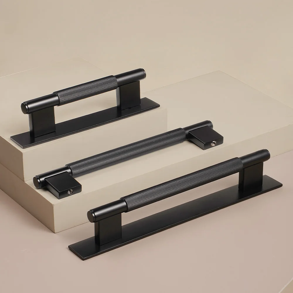 Dooroom Solid Brass Black Straight Grain Pattern Modern Style Cabinet Refrigerator Door Pull Drawer Knobs Hardware Handles