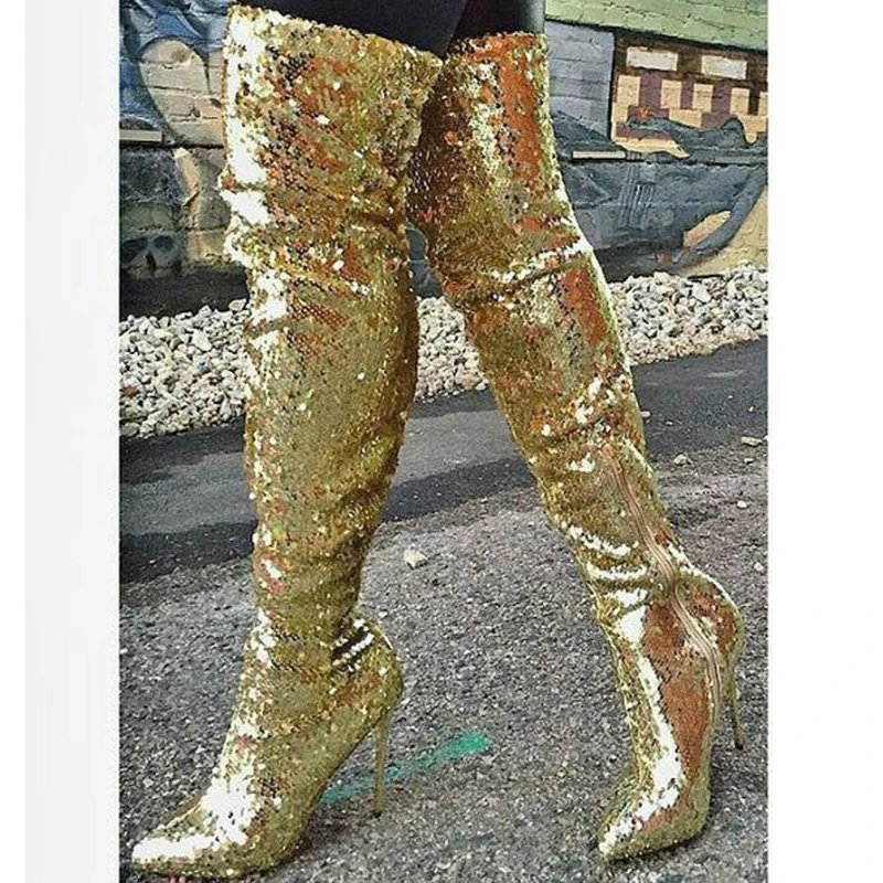 Peacock Sequins Bling Thigh Boots Stiletto High Heels Pointed Toe Zipper Gold Paillette Glitter Stage Over Knee Boots for Woman