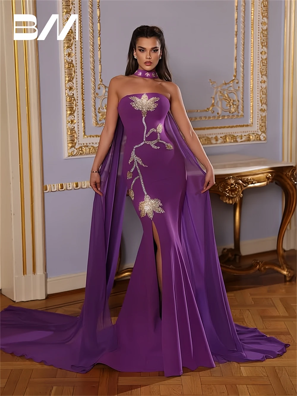 

High Quality Hand Sewn Prom Dress with Shawl, Long Mermaid Beads Embellished Evening Dresses, Customized Women's Formal Dress