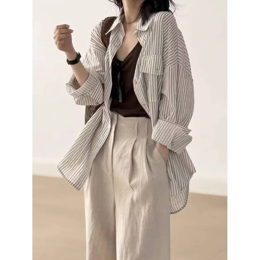 

Весенняя винтажная полосатая рубашка с длинным рукавом для женщин, свободный крой, уникальный дизайн, универсальный топ, легко сочетается со всем, без бренда.