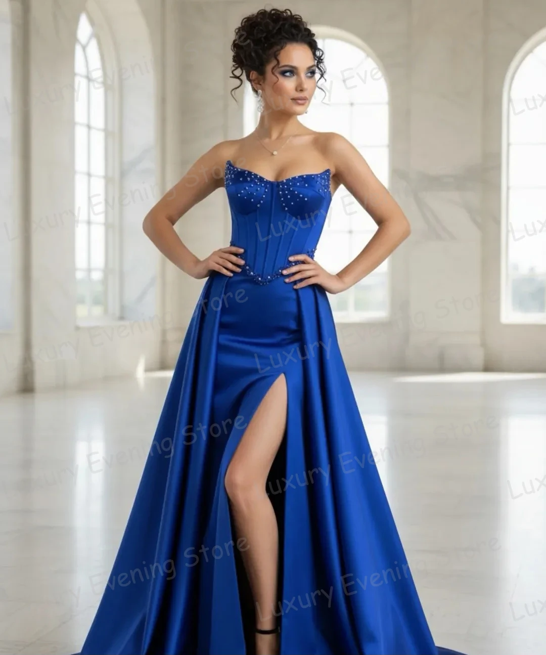 Simple Side Split Evening Dresses Sexy Woman's Mermaid Boat Neck Beading Prom Gowns Fashion Party Vestidos De Novia Customized