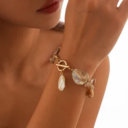 Y2K Trend Wedding Party Jewelry Blue Shell Sheet Chain Bracelet For Women Elegant White Imitation Pearl Pendant Bngle B054