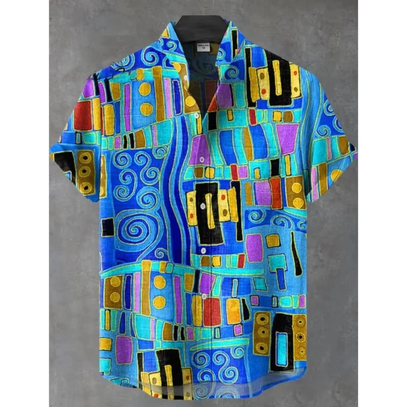 ​​2025 Men's Irregular Pattern Linen Shirt Retro Print Short Sleeve Street Trend Vintage Style Comfort Fit​