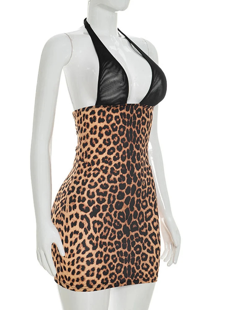 Kricesseen Sexy Leopard Mesh Patchwork Minikleid Damen Bandage Ärmelloses Bodycon-Kleid Rückenfreies Clubwear Vestidos – Detail 2