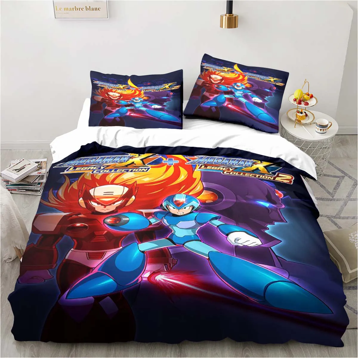 Rockman Megaman Game Cartoon Bedding Set Duvet Cover Bed Three-piece Set for Adults Kid King Size Duvet Cover and Pillow Case