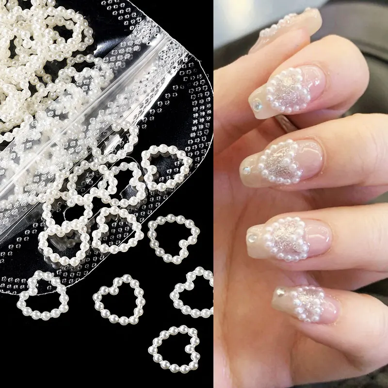 100 pz/borsa Hollow Heart Pearl Nail Art Charms bianco rosa viola perla rotonda Flatback 3D decorazione per unghie accessori per unghie fai da te
