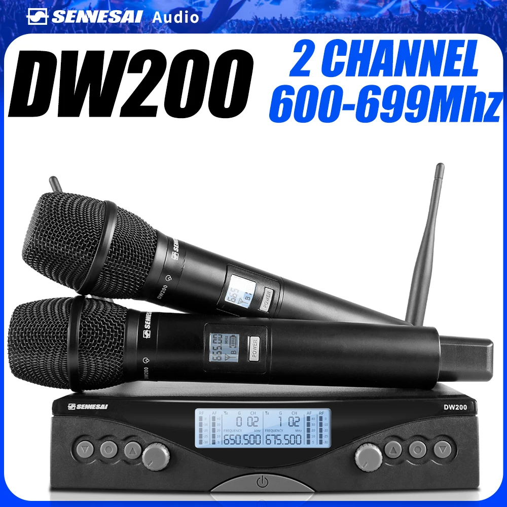 NEW! DW200 Professional Dual Wireless Microphone karaoke Home System Stage Performances UHF 655Mhz-694Mhz 2 Channel Handheld