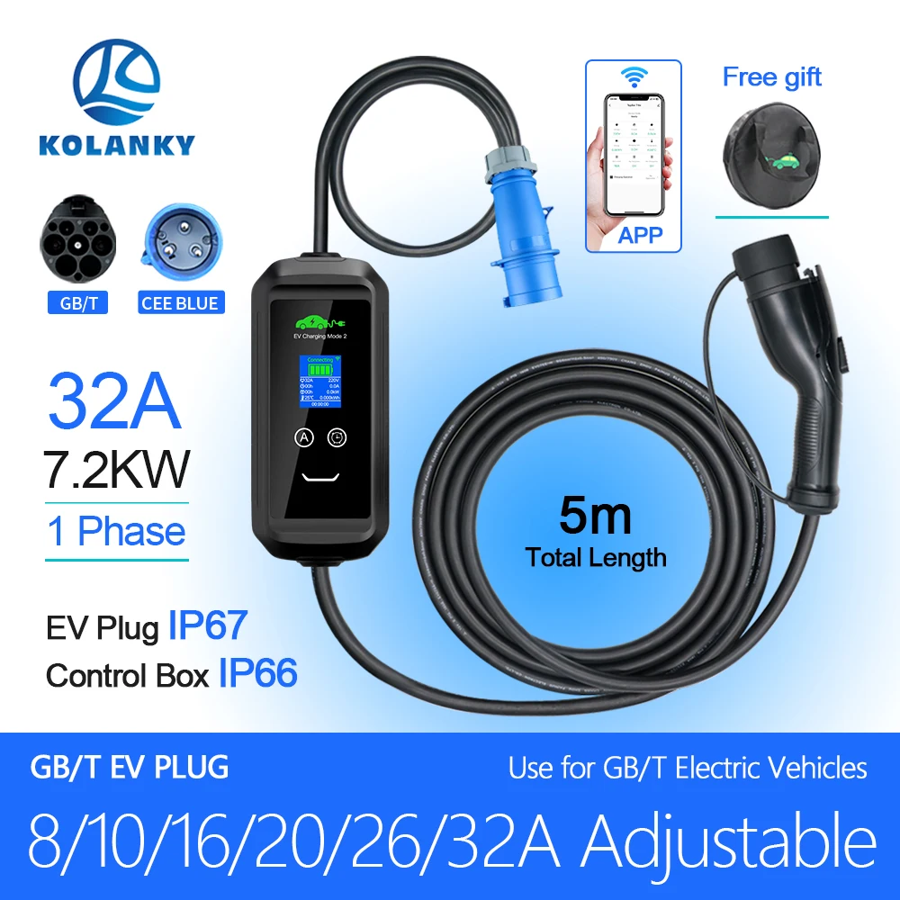 Caricabatterie portatile Kolanky EV 32A 7.2KW Type2 Plug Tuya App versione ricarica Wifi per auto ibride per veicoli elettrici cinesi