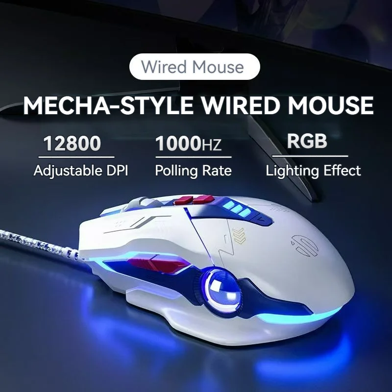 Inphic W9P Wired Mouse Mecha Style 12800DPI Adjustment RGB Lighting Effect Macro Programming E-sports Office Usb Mouse