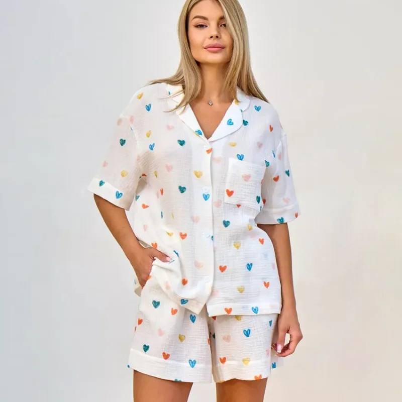 

100% Cotton Muslin Cotton Sets Women 2 Pieces Short-sleeved Shirt + Shorts Comfortable Love Printed Breathable Pajamas Home Wear