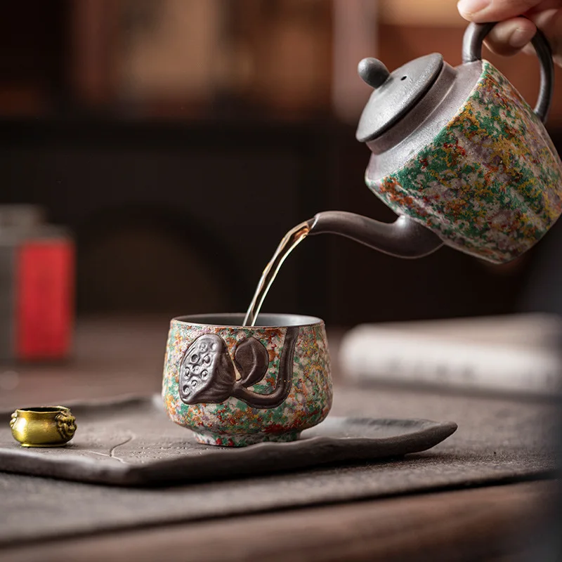 구차오 신형 록 페인팅 연꽃 컵 레트로 세라믹 마스터 티컵 가정용 개인 음용 세트 중국 차 예식 도구