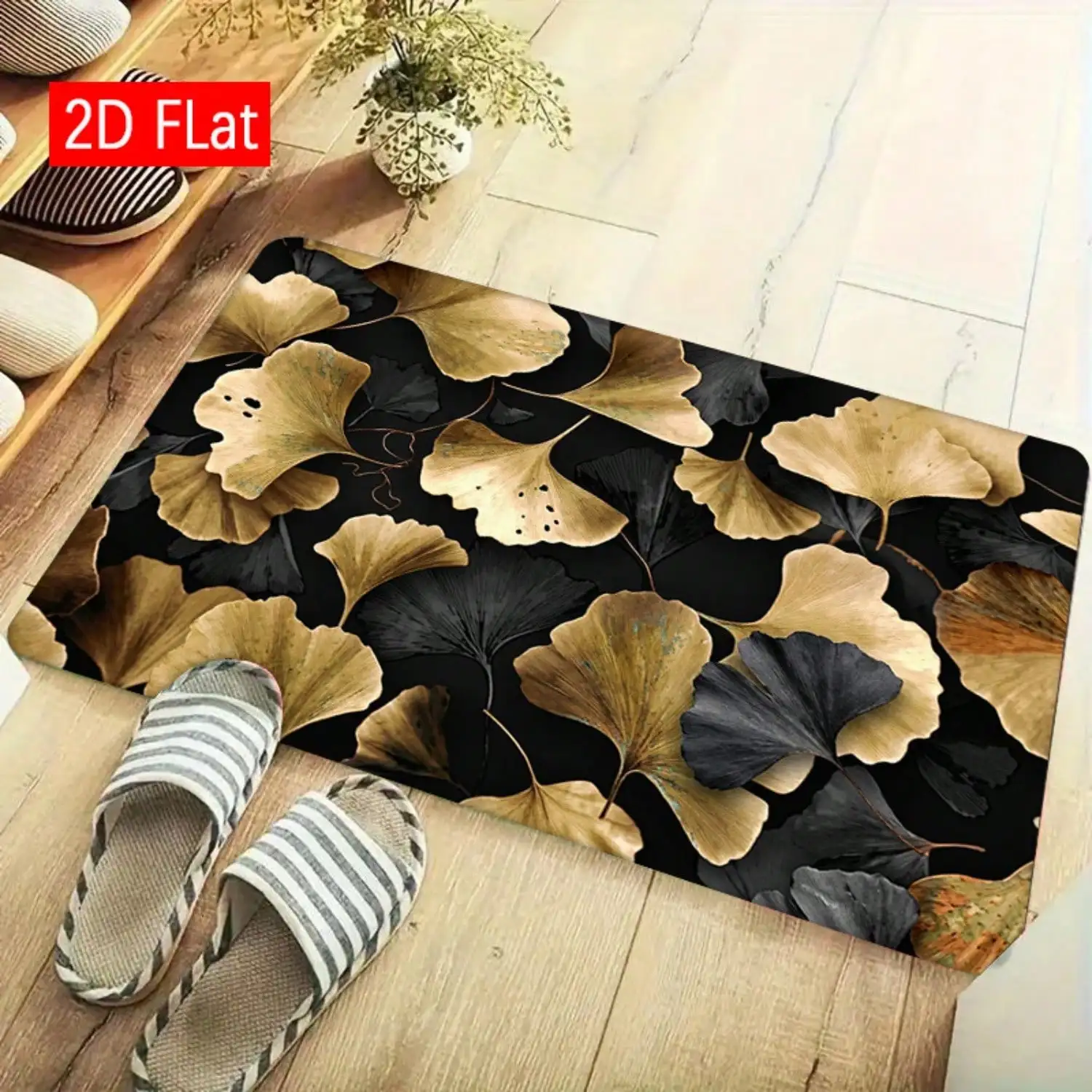 2D Flat Ginkgo Leaf Pattern Printed Doormat, Soft And Comfortable Flannel Floor Mat, Indoor/Outdoor Entrance Door Mat, Foot Mat, Entryway Rug, Suitable For