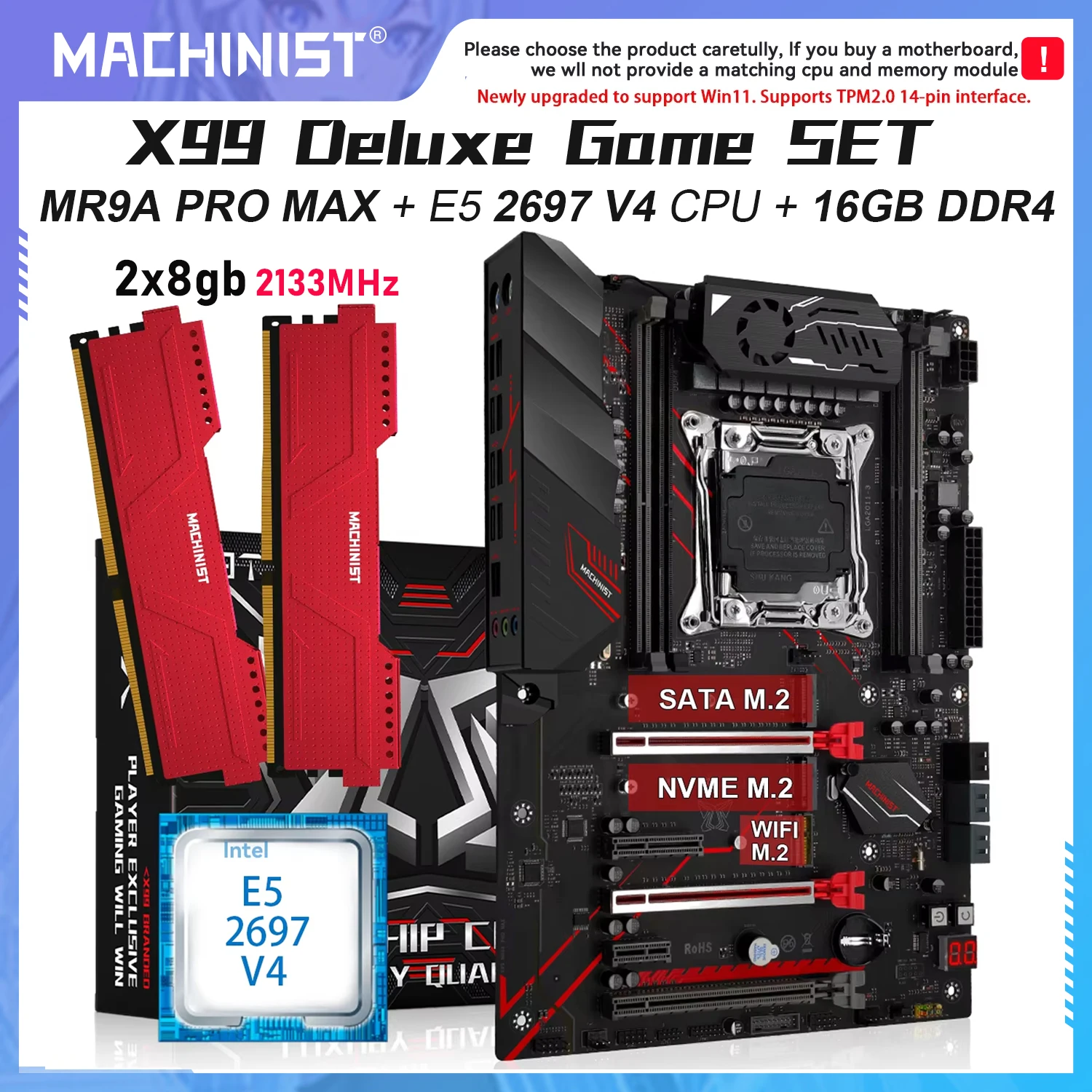 MACHINIST MR9A PRO MAX X99 Motherboard Set Kit Intel Xeon E5-2697 V4 CPU With Four Channel DDR4 16GB 2133MHz for Gaming Computer