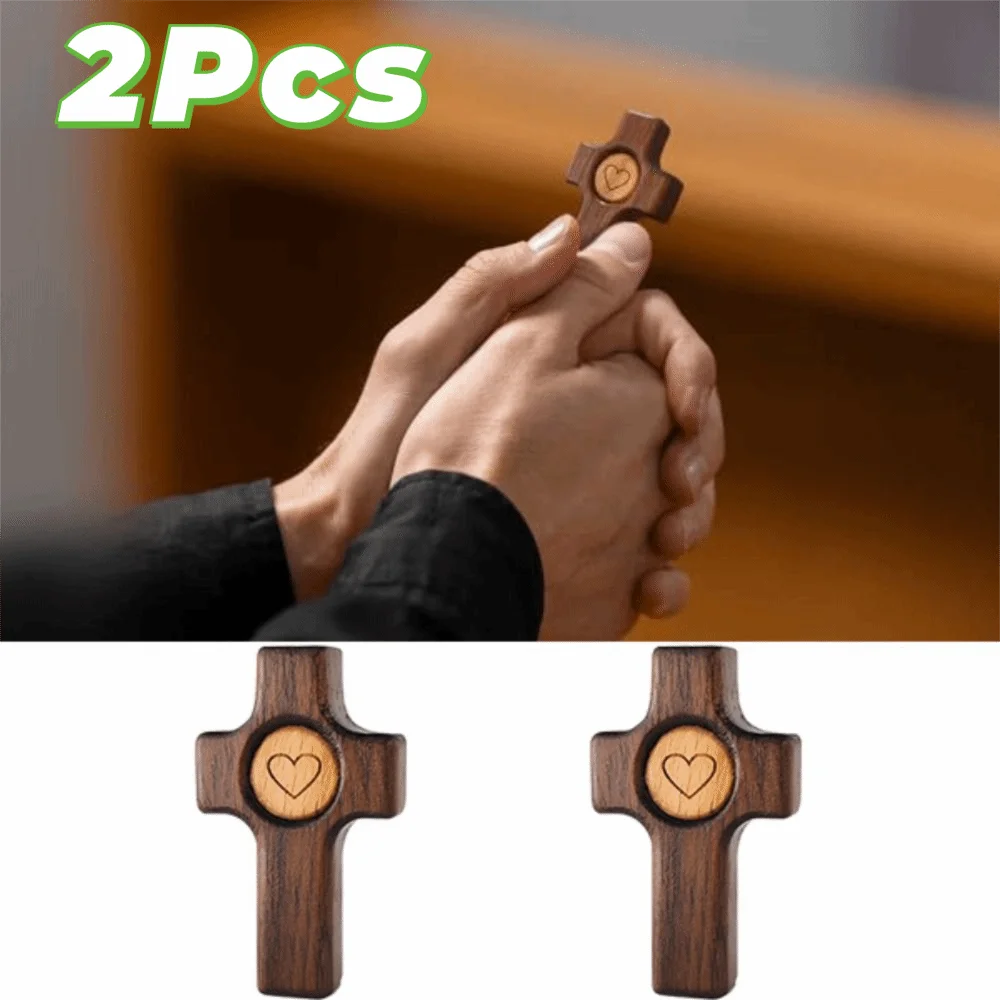 2 Piece Crafts Black Walnut Easter Pocket Cross Heart Pattern Mini Handheld Wooden Cross Comfort Holding Thumb Cross Gift