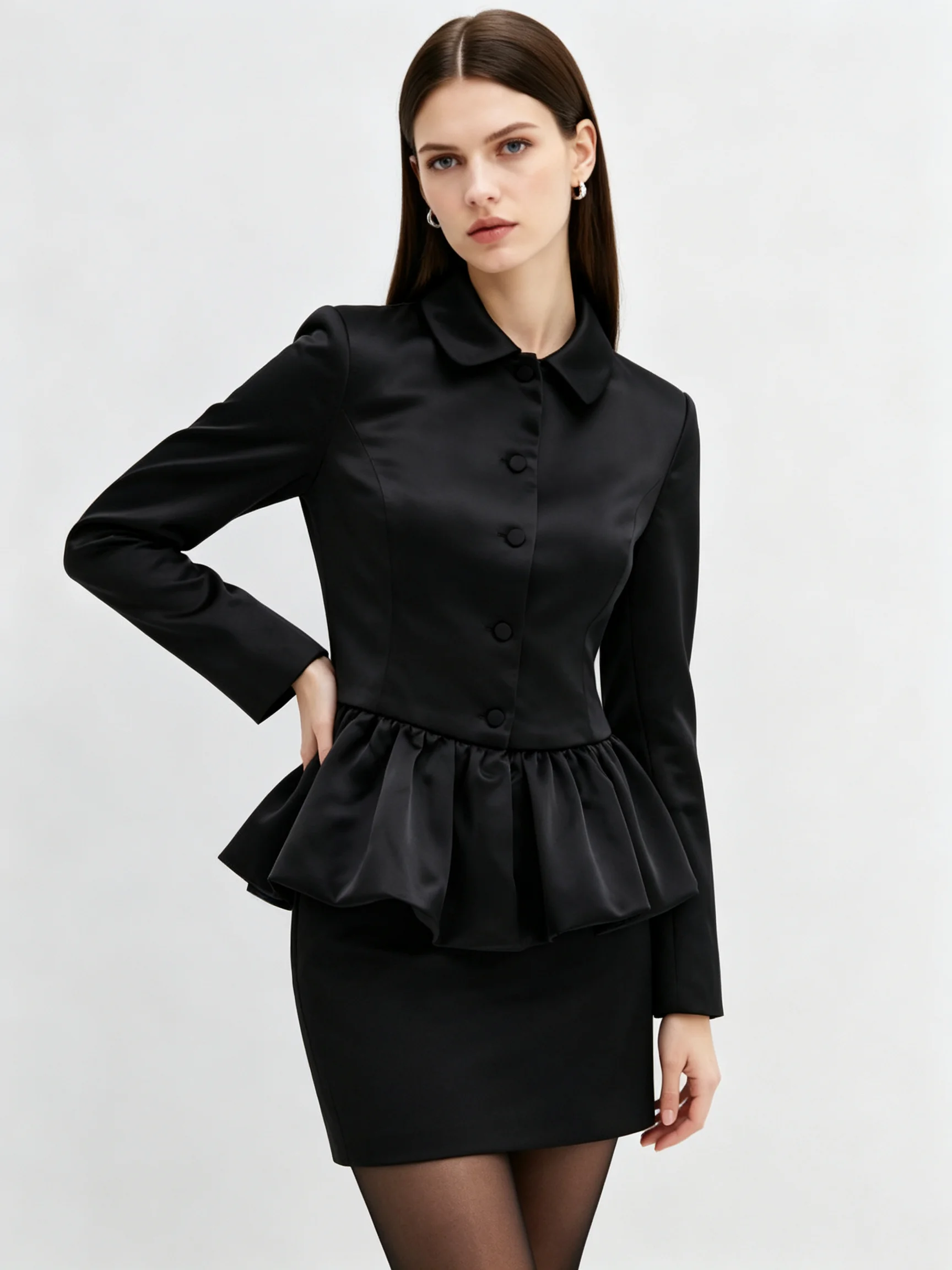 LIMO Women Peter Pan Collar Peplum Satin Jacket Long Sleeve Single Breasted Slim Blazer Top