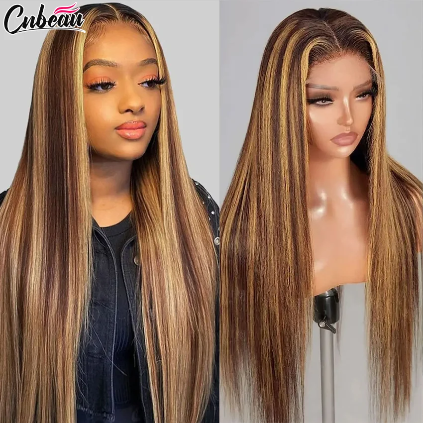 Highligh 13x4 Hd Straight Lace Frontal Wig For Black Women Straight Human Hair Ombre P4/27 Piano Highlight Color Pre Plucked