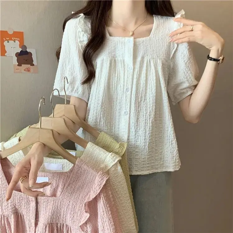 Summer New Loose Women's Shirt Square Collar Short Sleeve T-Shirt Texture Feel Fashion Design Wood Grain All Match