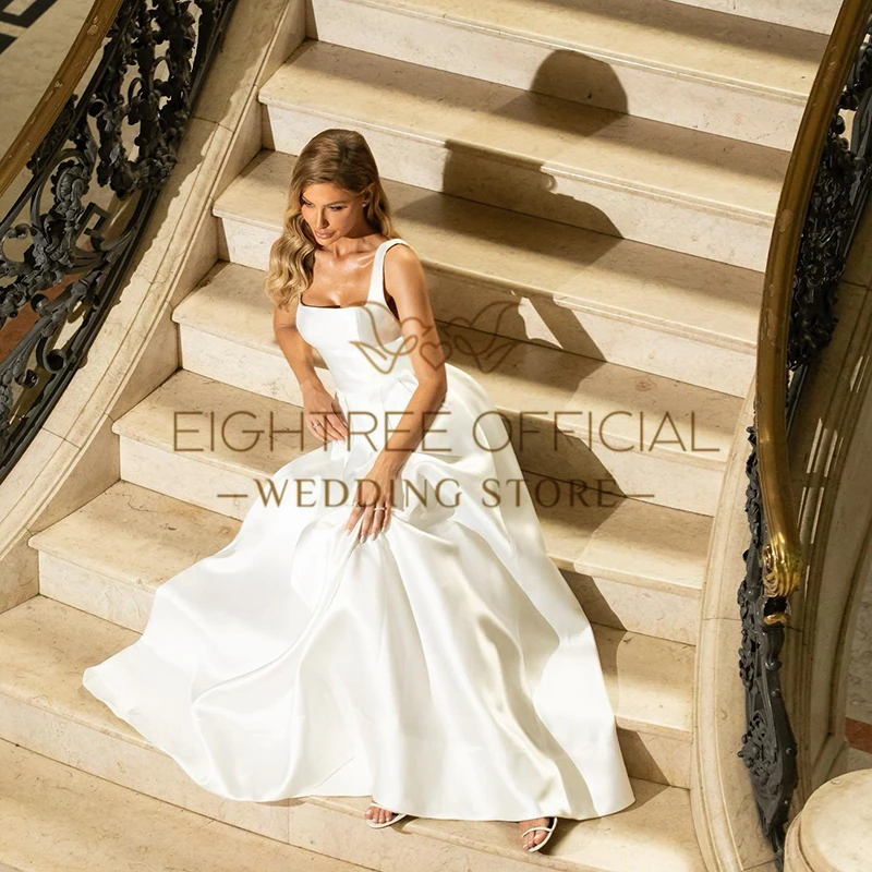 Eightree White A-Line Wedding Dresses Square Neck Sleeveless Floor Length Wedding Gowns Boho Beach Bridal Prom Dress Plus Size