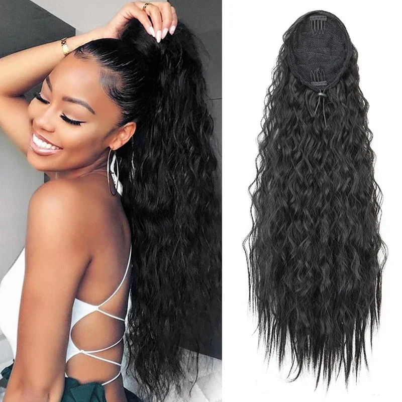 30Inch Synthetic Long Kinky Curly Ponytail Hair Extension Drawstring Wrapped Clip in Hair Black Hairpiecefor Women
