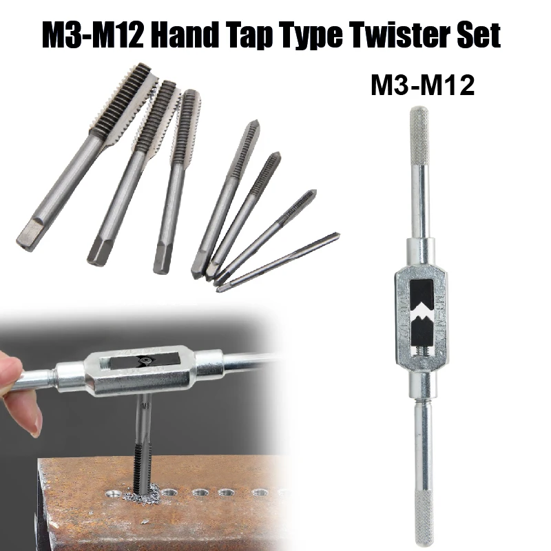 8PC M3-M12 Straight Handle Tap Drill Holder Set Hand Operated Adjustable Tapping Ratchet Wrench Tool Thread Construction