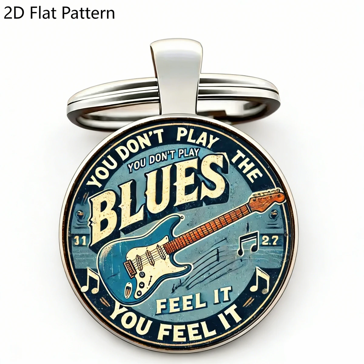 1PC Vintage Blues Guitar 2D Glass Dome Keychain You Don't Play The Blues You Feel It Music Lover Metal Keyring For Guitar Player