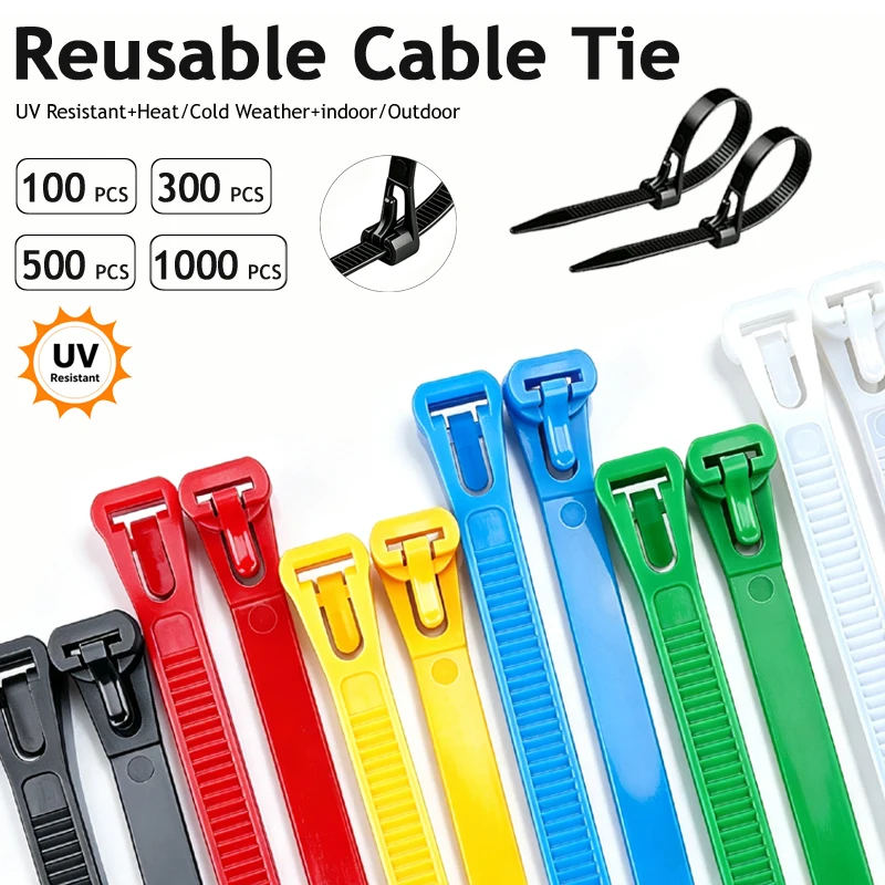 NEW 2026 Nylon Ties Reusable Removable Recyclable Cable Lock Loop Cable Ties 50/100/300/1000PCS Mixed Colours Black