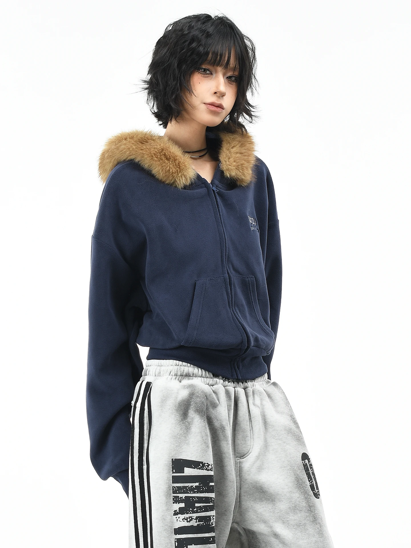 

Оригинальная американская ретро-толстовка OV с капюшоном, женская свободная толстовка из кораллового флиса, кардиган с открытым передом, модная верхняя одежда с меховым воротником